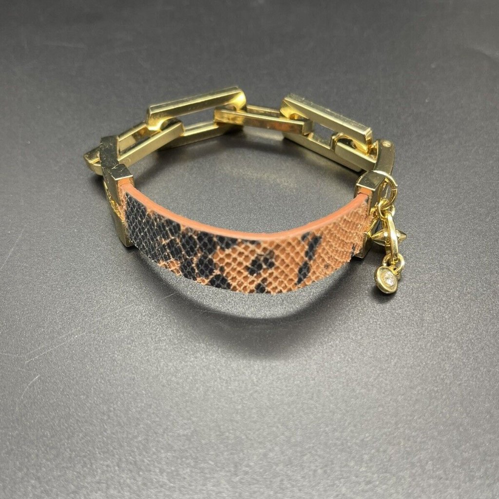 Cabi Peach Black Leather Gold Tone Reptile Print Rectangle Link Bracelet 37$